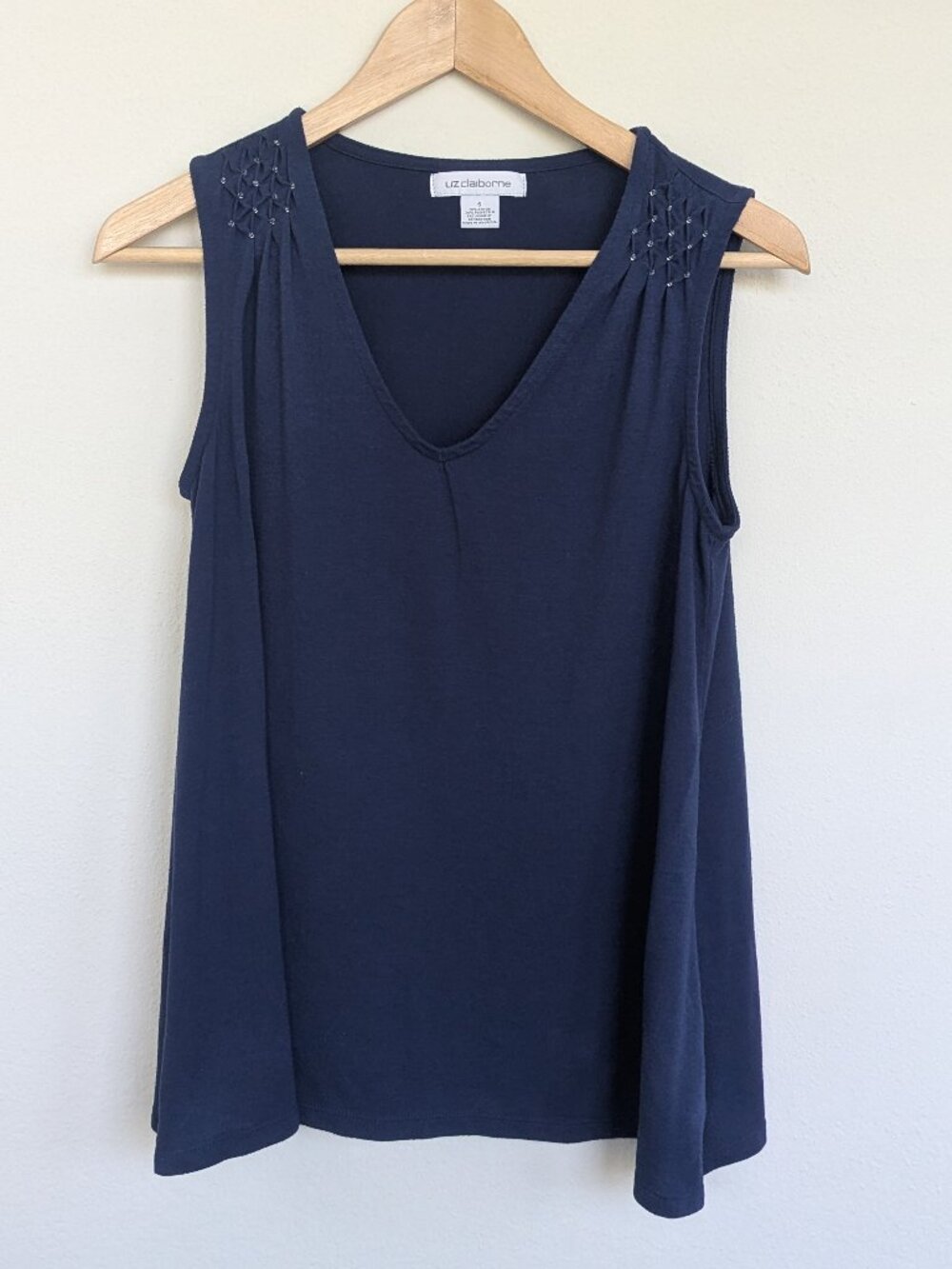 Liz Claiborne Navy Blue Tank Top Size Small Beaded Light Weight Summer Casual